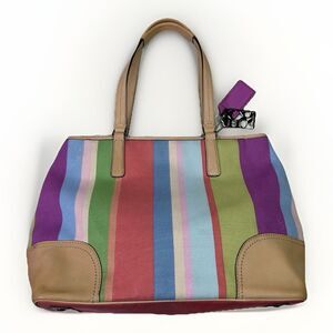 Coach M1176-19357 Multicolor Stripe Canvas Tote with Leather Trim